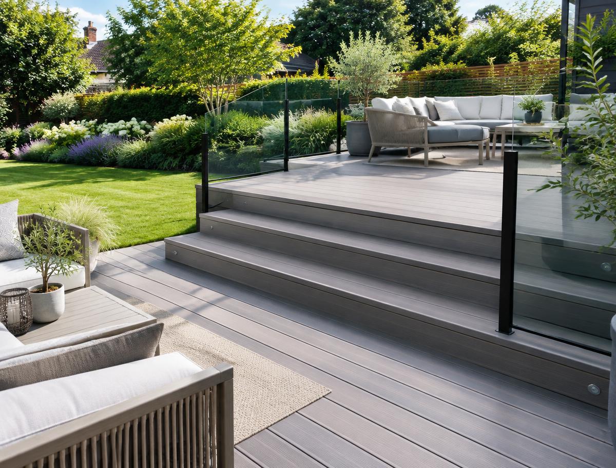 Illustrative composite decking with carefully finished steps